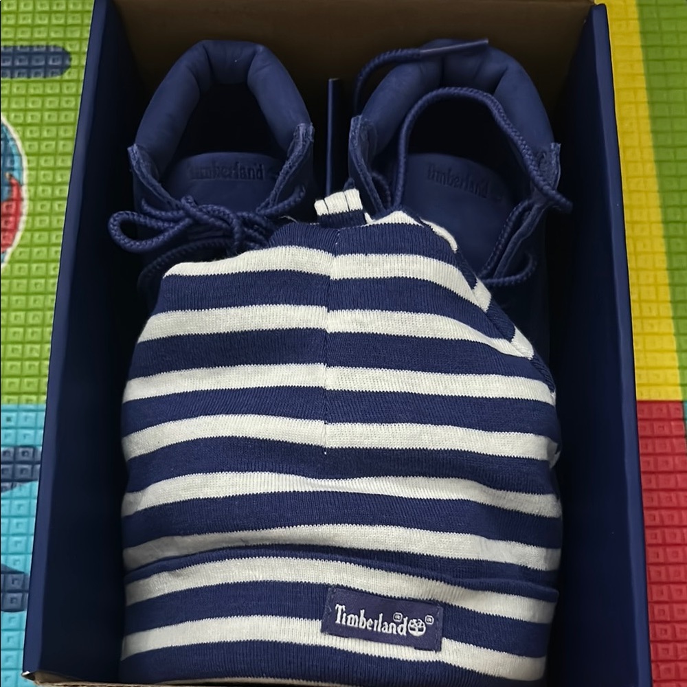 Timberland Navy and White Striped Baby Hat and Booties